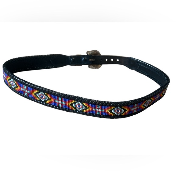 Vintage Southwestern Beaded Leather Belt Size 34 Western Boho main image 4